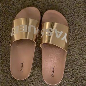 Rose gold sandals from fashion nova